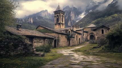 Stone Village Nestled in Mountain Valley