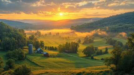 Obraz premium Aerial view of metallic silos on an expansive agricultural landscape at sunrise
