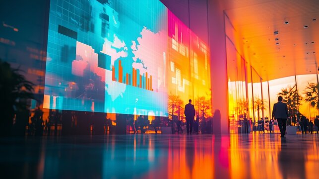 Exhibition expo event trade fair hall with busy bustling people walking to conferences in a modern hall crowded business people with a bokeh effect. Generative AI