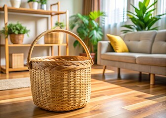 Fototapeta premium A rustic, handwoven bamboo basket stands empty, awaiting reusable items, embodying sustainable living and eco-friendly practices in a modern, environmentally conscious household setting.