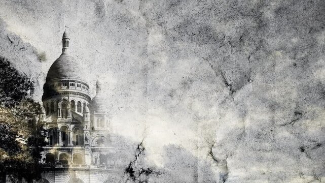 Collage of moving main landmarks of Paris on old grunge paper with time lapse of sky with clouds. Sacre Coeur, Notre Dame and Eiffel Tower. 4k creative video animation with parallax effect.