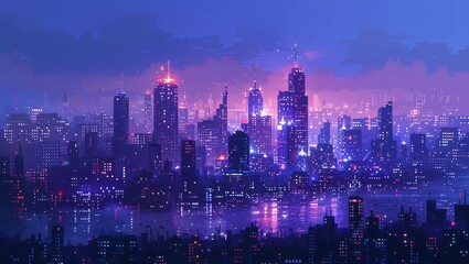 Obraz premium Capturing the vibrant energy of a neon-lit city skyline at dusk, this artwork immerses viewers in a world of colorful lights and urban allure that truly captivates the imagination.