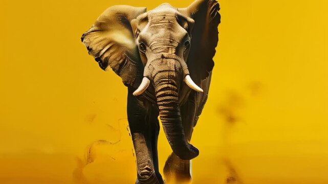 A large elephant running on a yellow background.