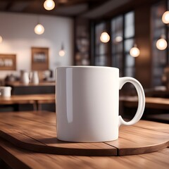 Fototapeta premium White ceramic mug on a wooden table with a blurred cafe interior background.