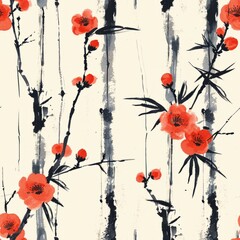 Seamless pattern of Geisha silhouettes, lanterns, and calligraphy strokes in sumi-e art