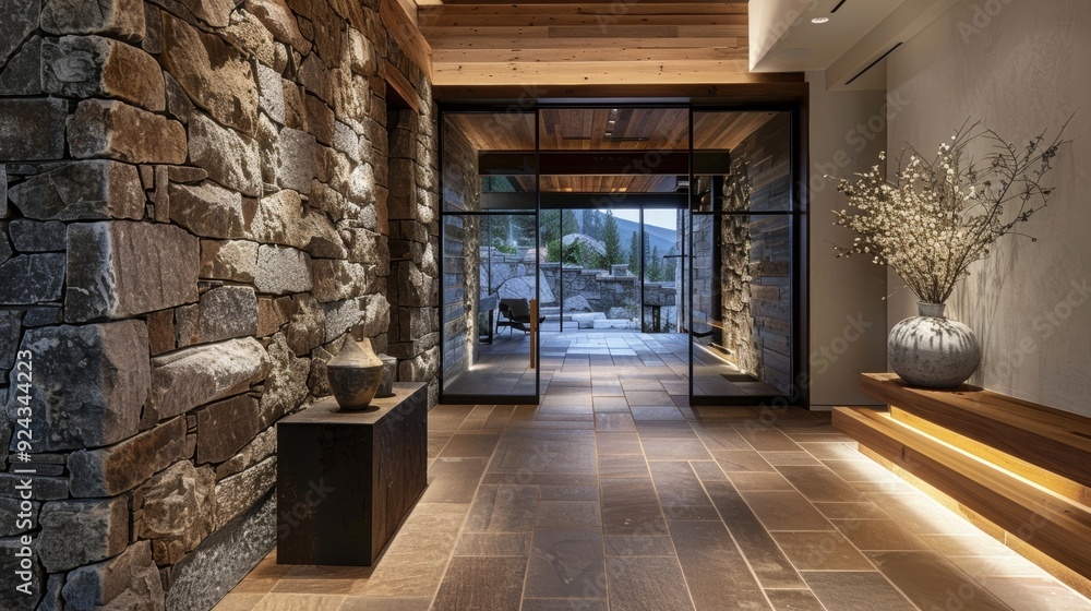 Aufkleber the seamless integration of rough stone cladding and wooden elements in this entryway creates a harm