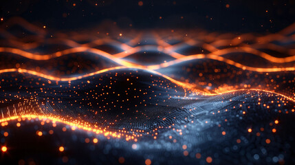 Obraz premium Digital background with Futuristic Landscape Bright Data Particles and Big Data Visualization, Hyperrealistic Network of Dots and Lines Creating a Digital Wave in Dark Blue Color Scheme