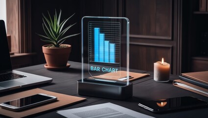 office space with square hologram graphics on the work desk