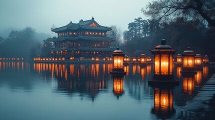 Obraz premium Celebrating the Mid-Autumn Festival with lanterns reflecting off a peaceful lake 