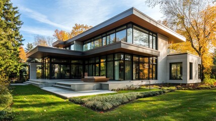 Fototapeta premium Modern Home in Autumn Setting