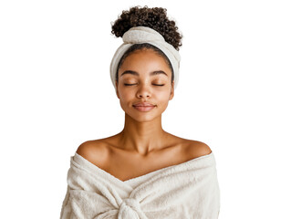 Portrait of a young African American woman wearing a towel and with her eyes closed. Cosmetology,...