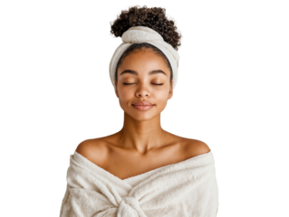 Portrait of a young African American woman wearing a towel and with her eyes closed. Cosmetology, beauty, and spa concepts, isolated on transparent background