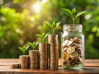 A shiny coin drops into a transparent glass bottle surrounded by a stacked step of growing money, symbolizing successful financial investment and savings growth.