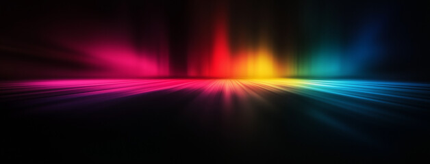 Obraz premium A vibrant abstract background with composition of blurred vertical stripes in a spectrum of colors, fading into darkness at the edges, noise grain effect and copy space area.