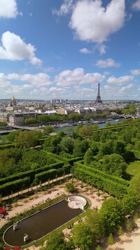 Jardin des Tuileries Paris France Eiffel Drone Flyby sideways backwards Aerial drone Vertical