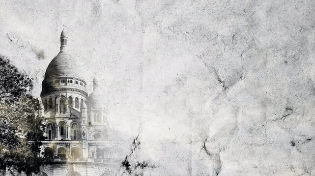 Collage of moving main landmarks of Paris on old grunge paper with time lapse of sky with clouds. Sacre Coeur, Notre Dame and Eiffel Tower. 4k creative video animation with parallax effect.