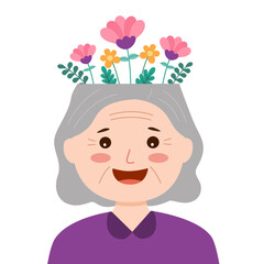 Elderly woman with positive emotion. Mental health awareness concept. Senior woman with flowers on her head.