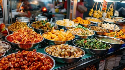 Fototapeta premium Midnight Snack Adventure: Set off on a late-night food crawl, exploring various open eateries. Delight in diverse snacks and dishes, perfect for those midnight munchies. 