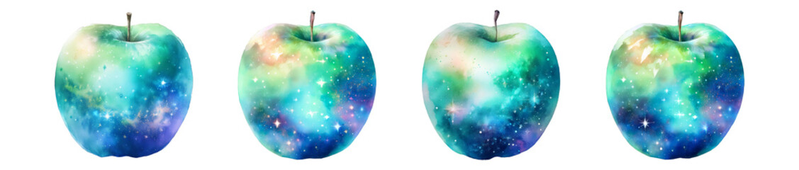 宇宙のような模様の青いリンゴのイラストセット