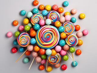 Superb Licorice, gems and christmas cane candies on plate over the yellow backdrop