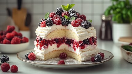 Layered Berry and Cream Cake with Fresh Mint Garnish