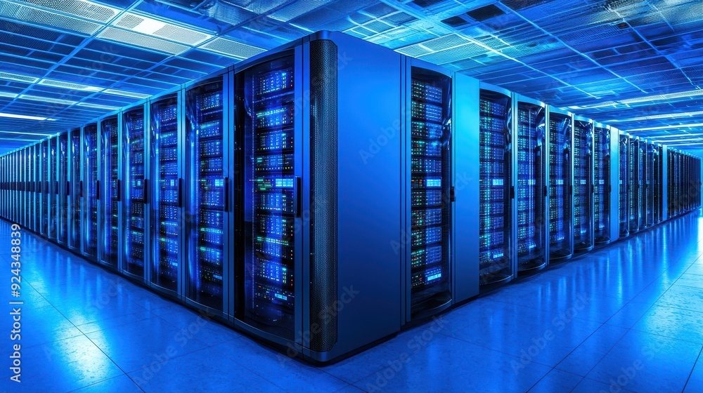 Poster a modern data center featuring rows of high-performance servers illuminated by blue lighting, showca