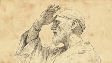 Fototapeta premium Bible Wall Art of Leviticus, The Sin Offering, Priest laying hands on sin offering, transfer of sin, Biblical Illustration with beige background