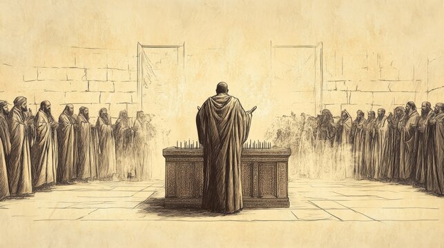 Leviticus Scene: High Priest Praying at Altar of Incense, Interceding for People, Biblical Illustration, Bible Wall Art, Beige Background