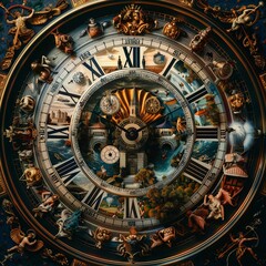 Obraz premium Craft a dynamic high-angle composition showcasing clocks with hands that morph into iconic elements from diverse civilizations Each hour should tell a unique story, inviting viewers 