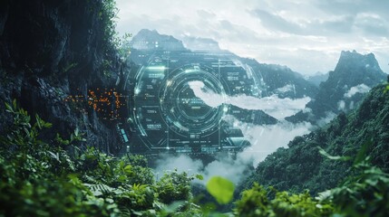 Obraz premium A futuristic holographic interface appears above a natural landscape, blending seamlessly with the environment. The high-resolution image combines cutting-edge technology with untouched wilderness,