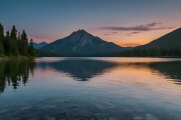 A serene mountain lake at dusk, reflecting majestic peaks and a sky painted in soft twilight hues. The water is calm and mirror-like, capturing the peacefulness of the scene.
