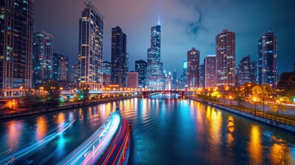 Fototapeta premium Nighttime Photography: Take your camera out after dark. Capture long-exposure images of city lights, star trails, or lit landmarks for breathtaking nighttime shots. 