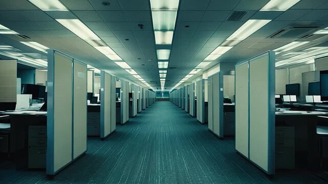 A large open office space with cubicles and a long hallway
