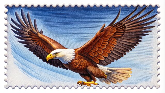 A solitary, vibrantly colored postage stamp featuring a majestic eagle in flight, perfectly centered on a pristine white background, waiting for creative expression.