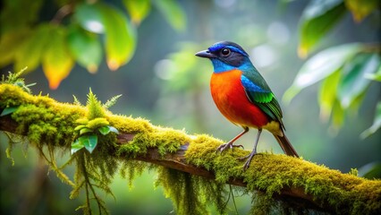 A solitary bird with vibrant plumage perches on a delicate, moss-covered branch, surrounded by lush green foliage and softly filtered natural light.