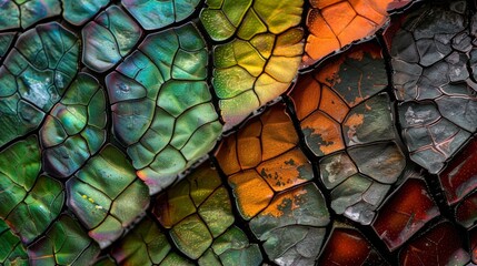 A mosaiclike texture reminiscent of the colorful and patterned skin of tropical insects but with a cybernetic twist