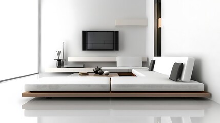 Modern White Living Room with Modular Sofa and Glass Coffee Table 3D Render