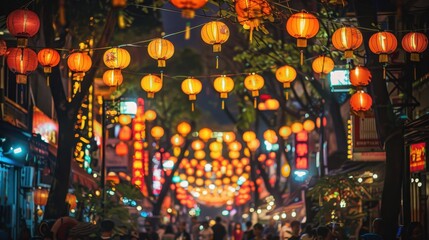 Obraz premium Night Market Exploration: Explore a lively night market full of street food, unique merchandise, and live entertainment, all illuminated by the warm glow of lanterns and vibrant neon signs. 