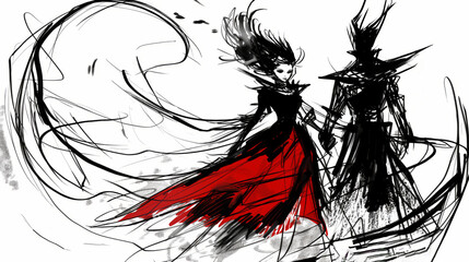 Fototapeta premium Gothic Fantasy Halloween Illustration of Vampire Couple in Dramatic Black and Red Outfits