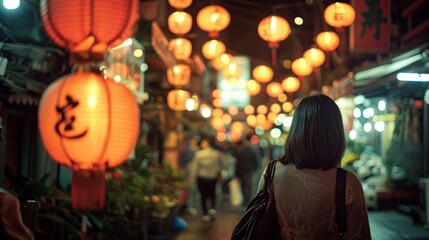 Obraz premium Night Market Exploration: Experience the excitement of a bustling night market. Taste diverse street foods, browse eclectic goods, and soak in live performances beneath glowing lanterns. 
