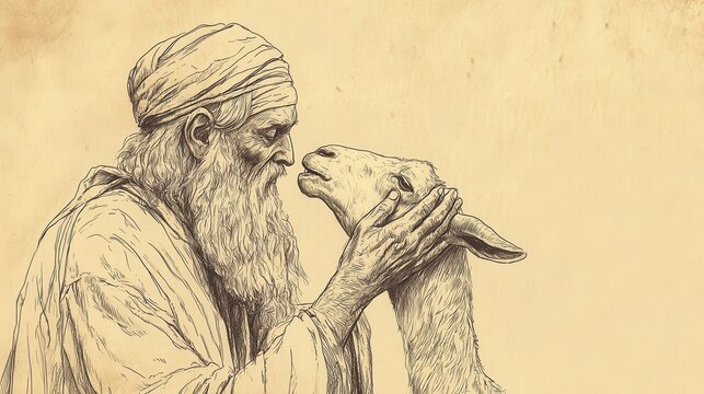 Leviticus Scene: High Priest and Scapegoat, Transfer of Sins Ritual, Biblical Illustration, Bible Wall Art, Beige Background