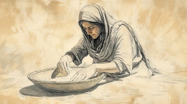 Bible Wall Art of Leviticus, The Grain Offering, Israelite woman kneading dough for offering, Biblical Illustration with beige background