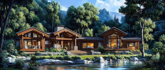 Obraz premium A scenic wooden house surrounded by lush greenery and a tranquil river, perfect for a serene getaway in nature.