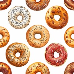 Seamless pattern of bagels in various flavors, topped with seeds and spreads