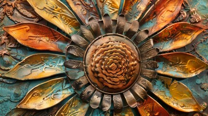 Obraz premium Brighten up your walls with this captivating sunburstshaped metal art embossed with intricate detailing and painted in metallic hues.