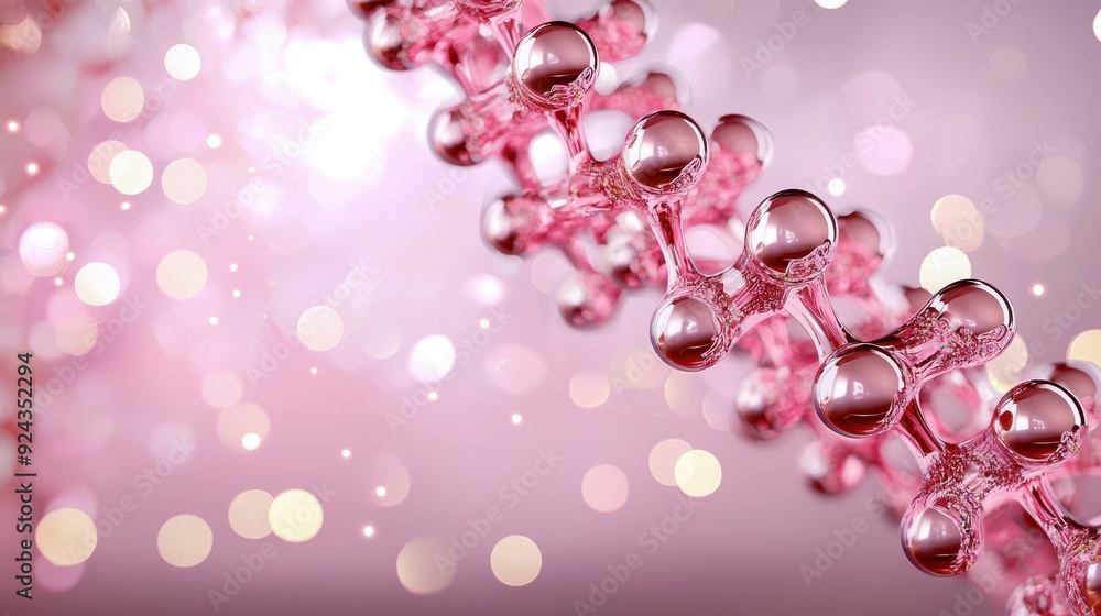 Poster abstract depiction of molecular structure with a pink gradient background and bokeh effect, highligh
