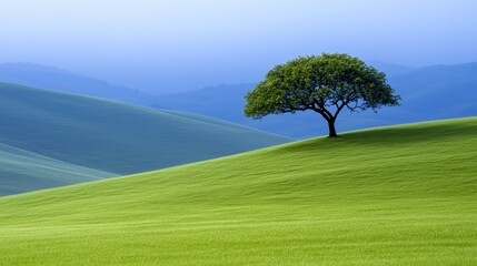 A serene landscape featuring a solitary tree atop a lush green hill under a soft blue sky, evoking tranquility and nature's beauty.