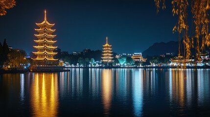 Illuminated Pagoda Reflection in Night