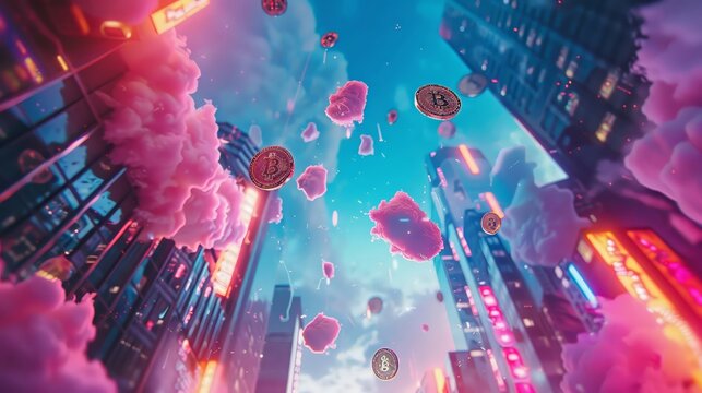 Craft an eye-catching representation of internet memes and cryptocurrency elements intertwining in a high-angle composition 