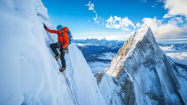 A Brave Climber Ascends Towering Peaks, Conquering Snowy Slopes Under a Bright Blue Sky, Facing Nature's Challenge With Determination and Skill; A Scene of Adventure and Triumph.
